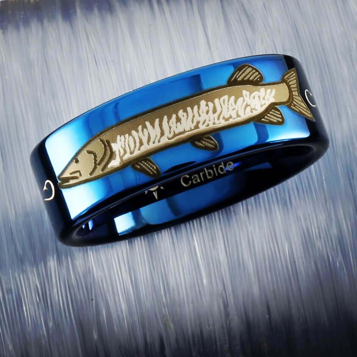 Muskie on blue tungsten ring, fishing line background