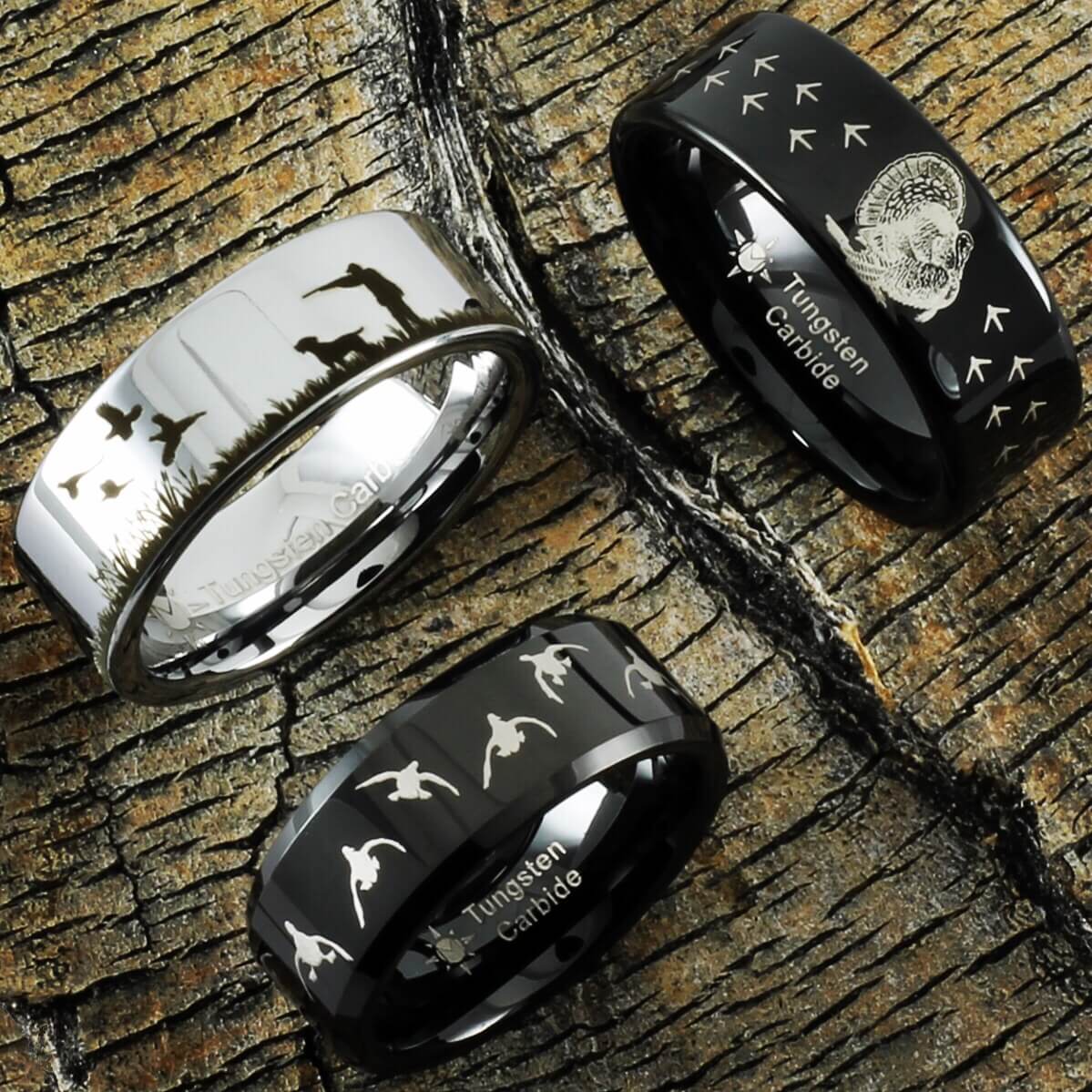 pheasant hunting ring, turkey and tracks ring, cupped ducks ring with bark background