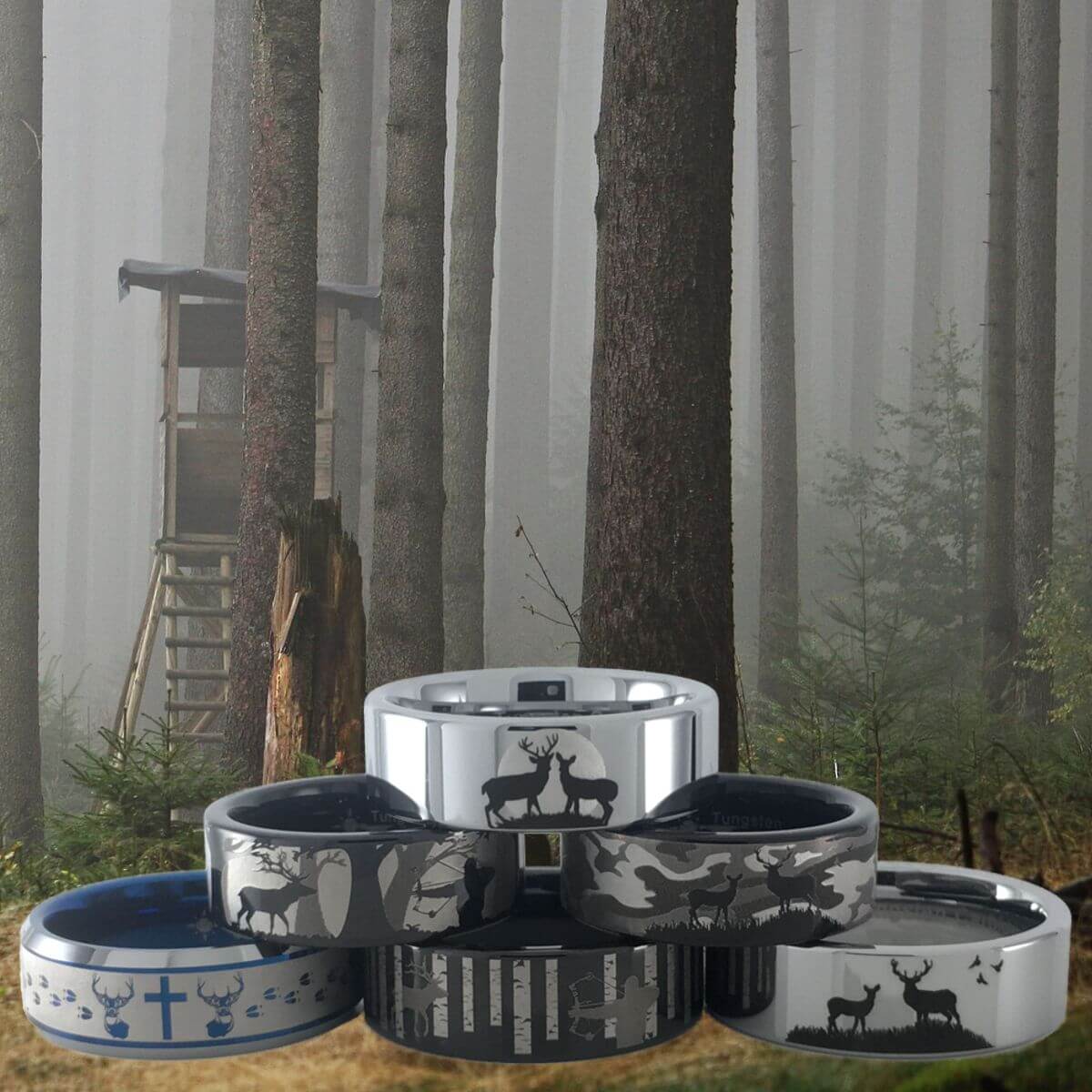 Deer and deer hunting rings stacked in pyramid with deer stand and trees background