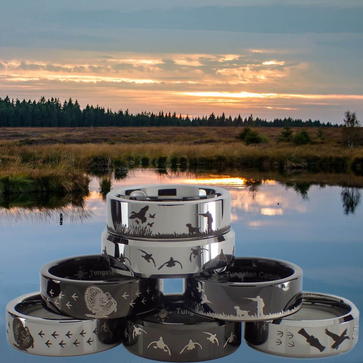 Bird hunting rings stacked in pyramid with grassland background