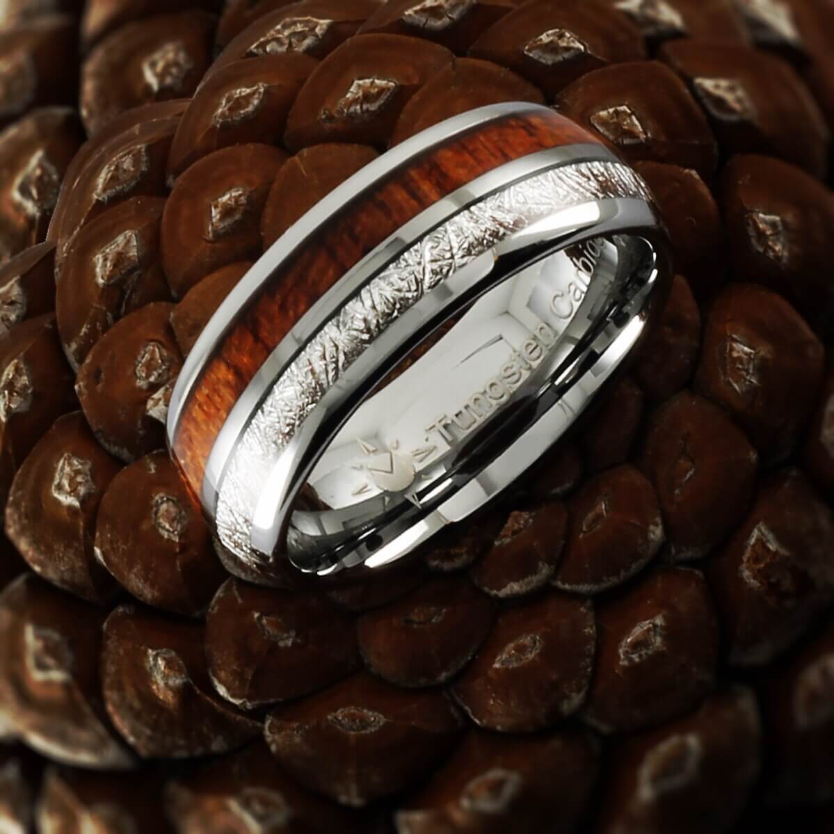Wood with Meteorite Pattern Tungsten Ring