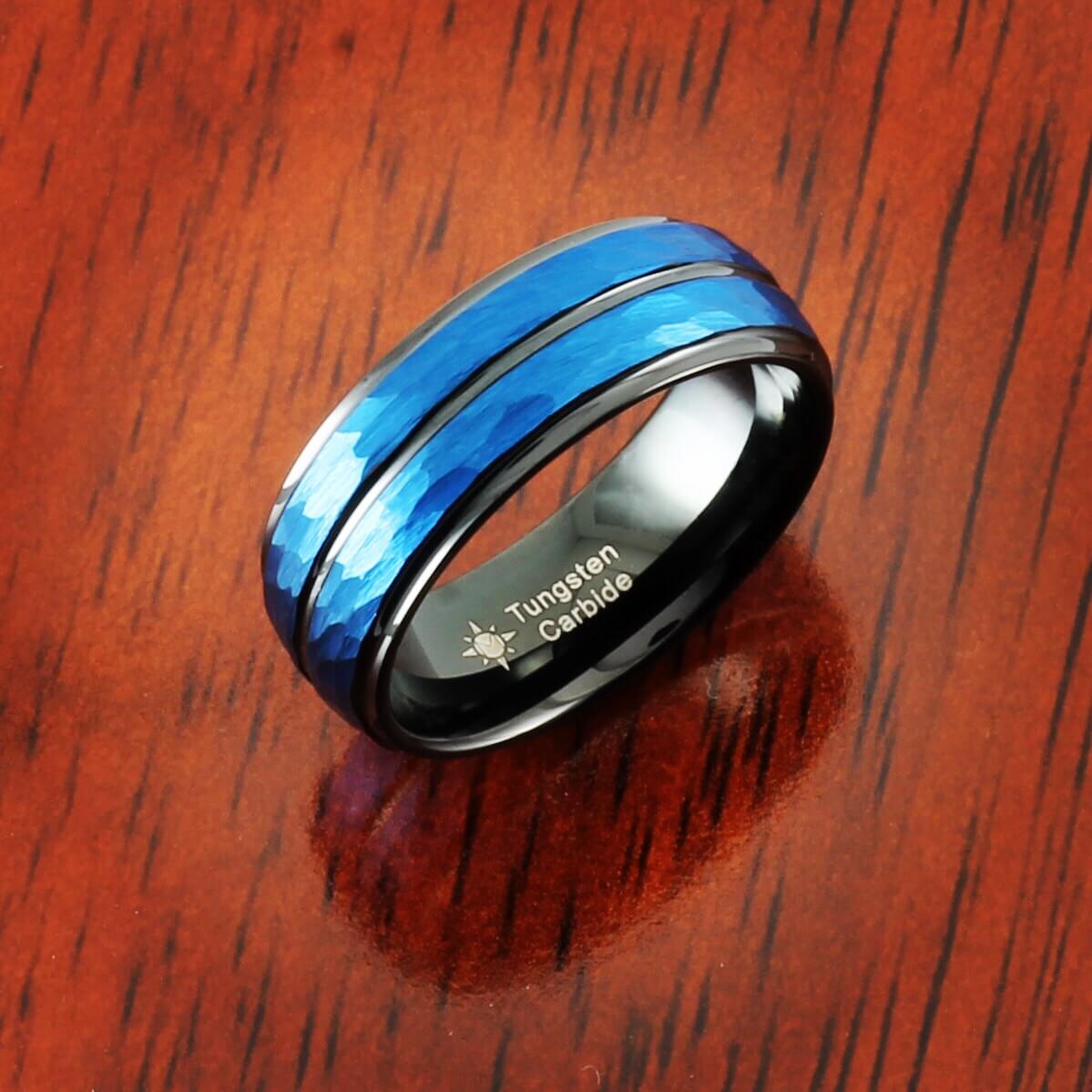 Black with Blue Dual Plated Hammered Tungsten Ring