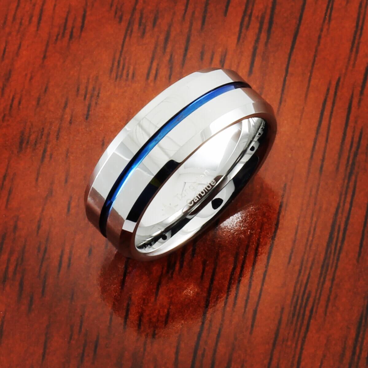 Beveled Edges Blue Grooved Center Tungsten Carbide Ring