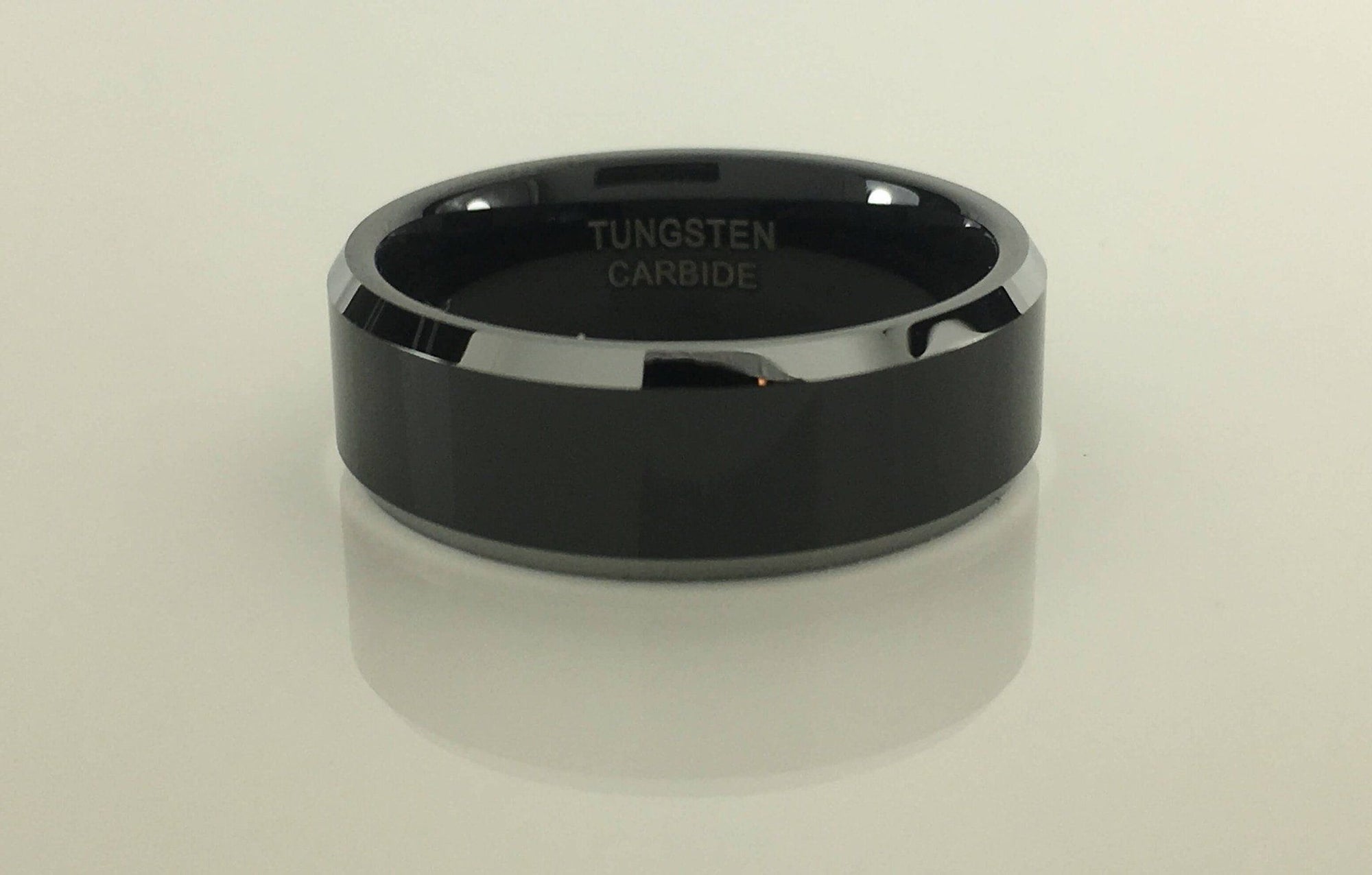 Black with Silver Bevel Tungsten Ring