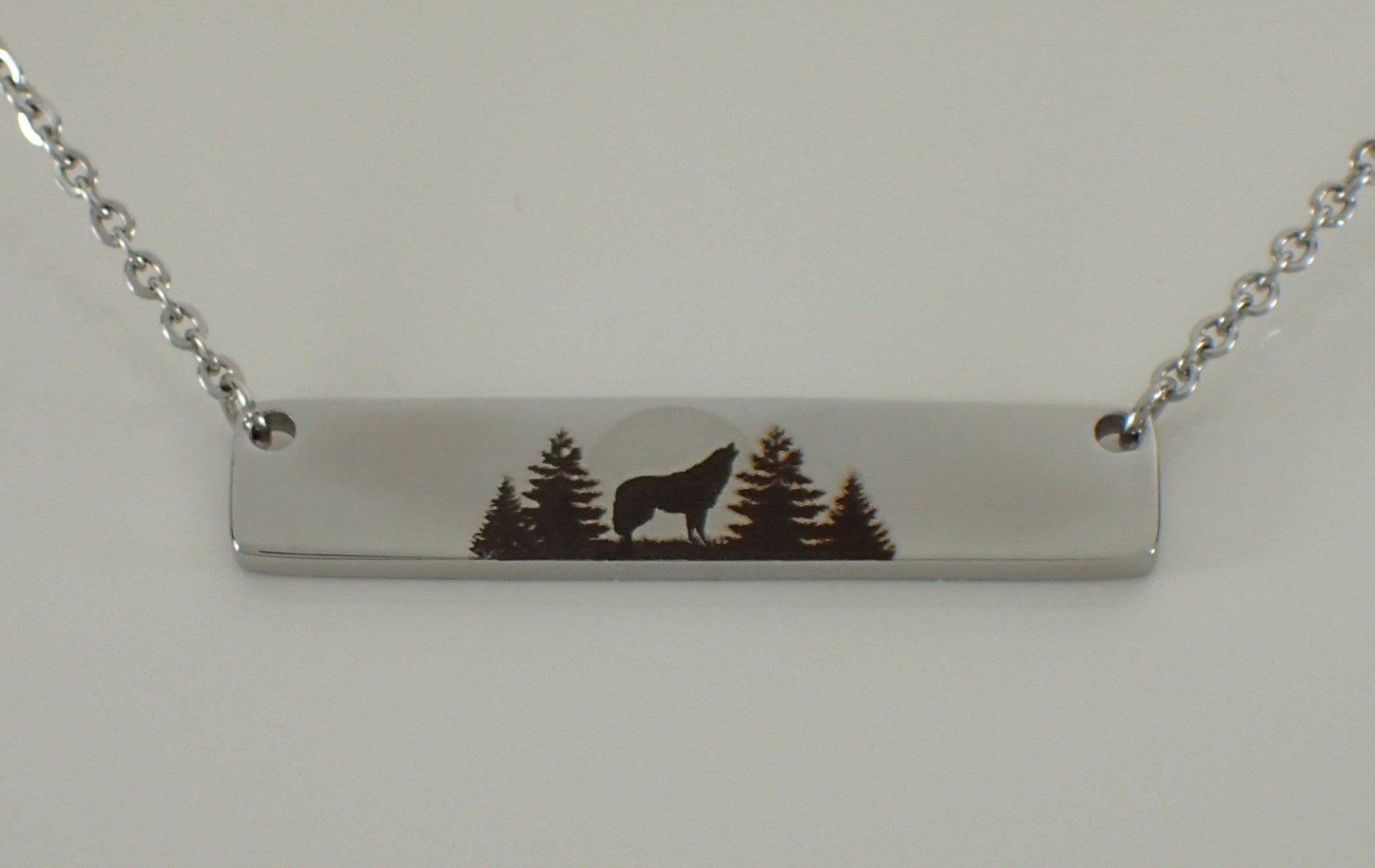 Stainless Steel Wolf Bar Pendant Necklace