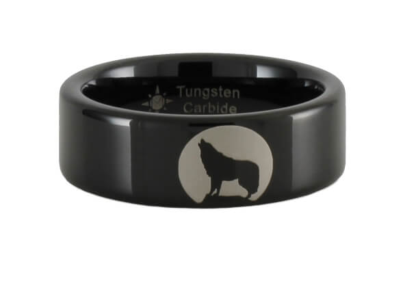 Tungsten Carbide Wolf Howling Moon Ring