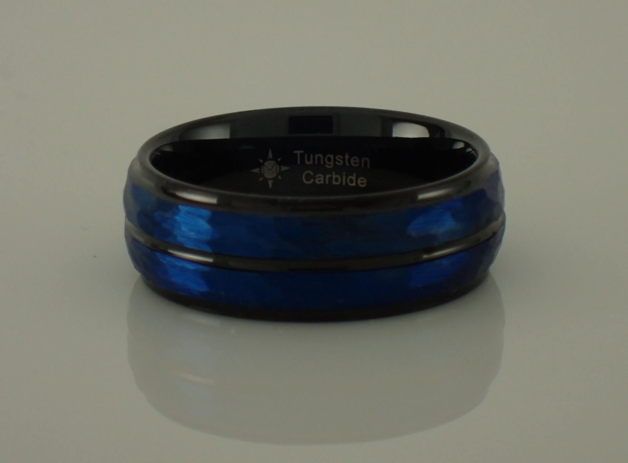 Black with Blue Dual Plated Hammered Tungsten Ring