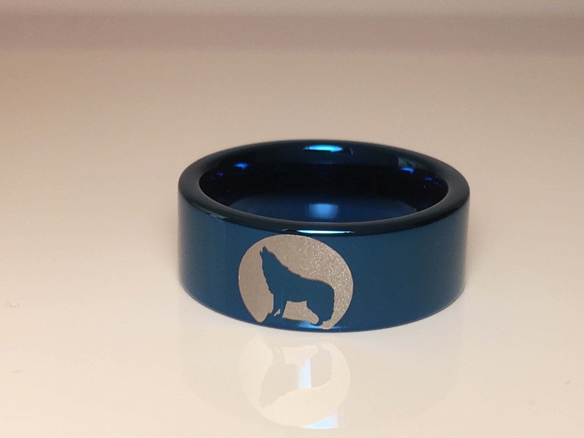 Tungsten Carbide Wolf Howling Moon Ring