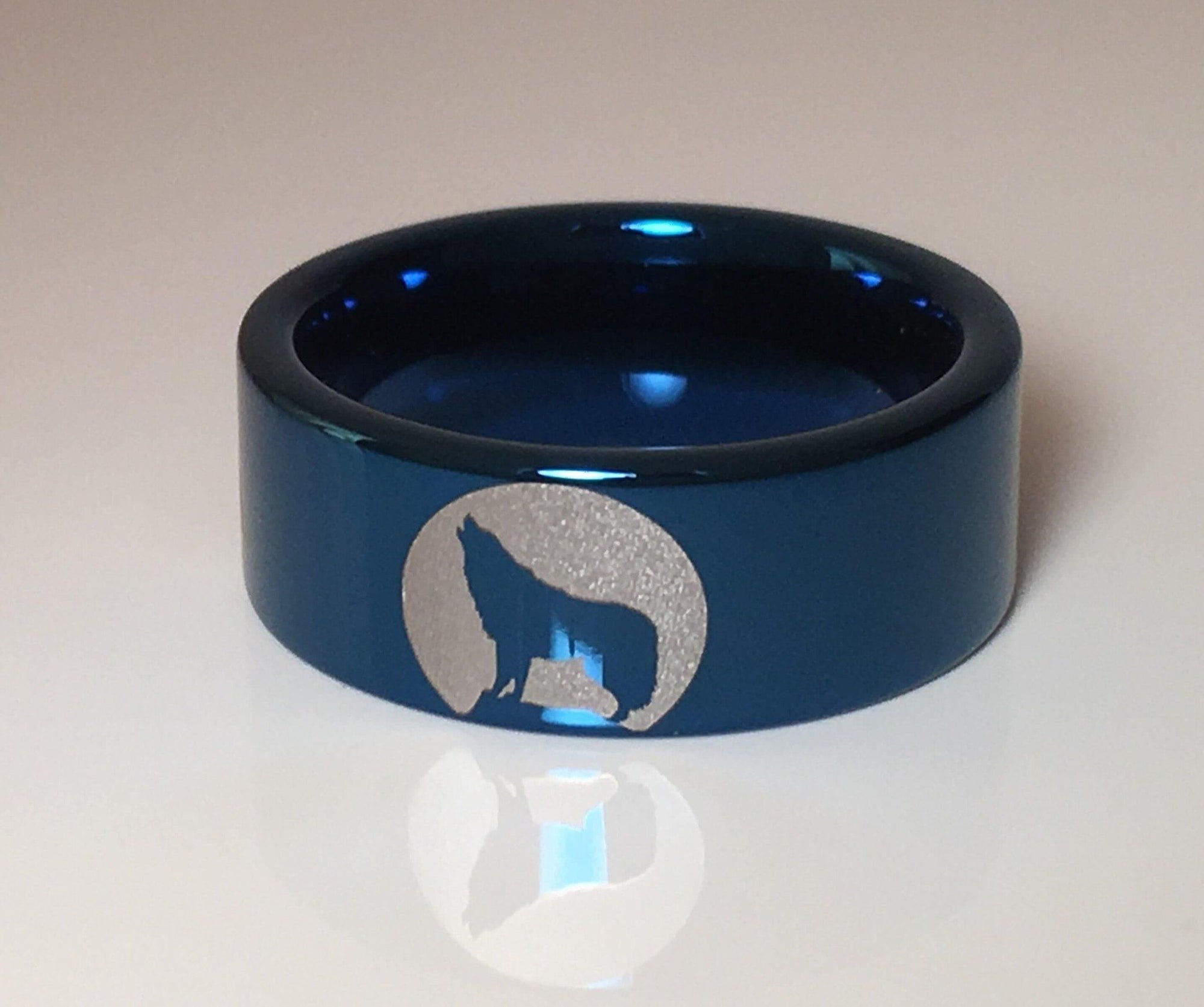 Tungsten Carbide Wolf Howling Moon Ring