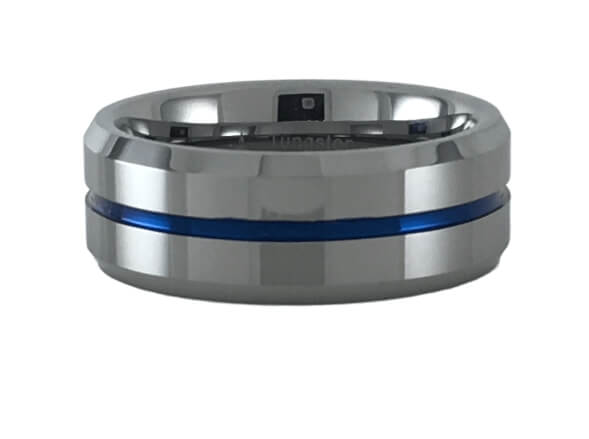 Beveled Edges Blue Grooved Center Tungsten Carbide Ring