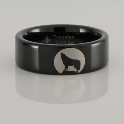 Tungsten Carbide Wolf Howling Moon Ring