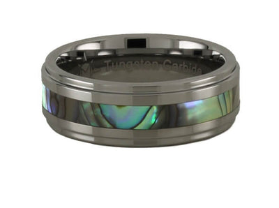 8mm width tungsten ring with abalone inlay design.  With  a step leading to the outside of the ring